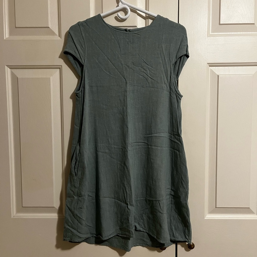 Monteau High Neck Cap Sleeve Rayon Linen Blend Shift Dress With Pockets